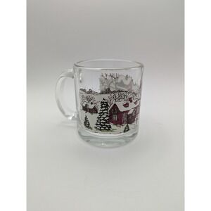 Vtg Glass Mug Christmas Village Scene Winter Cabin Horse Sleigh Libbey Drinkware